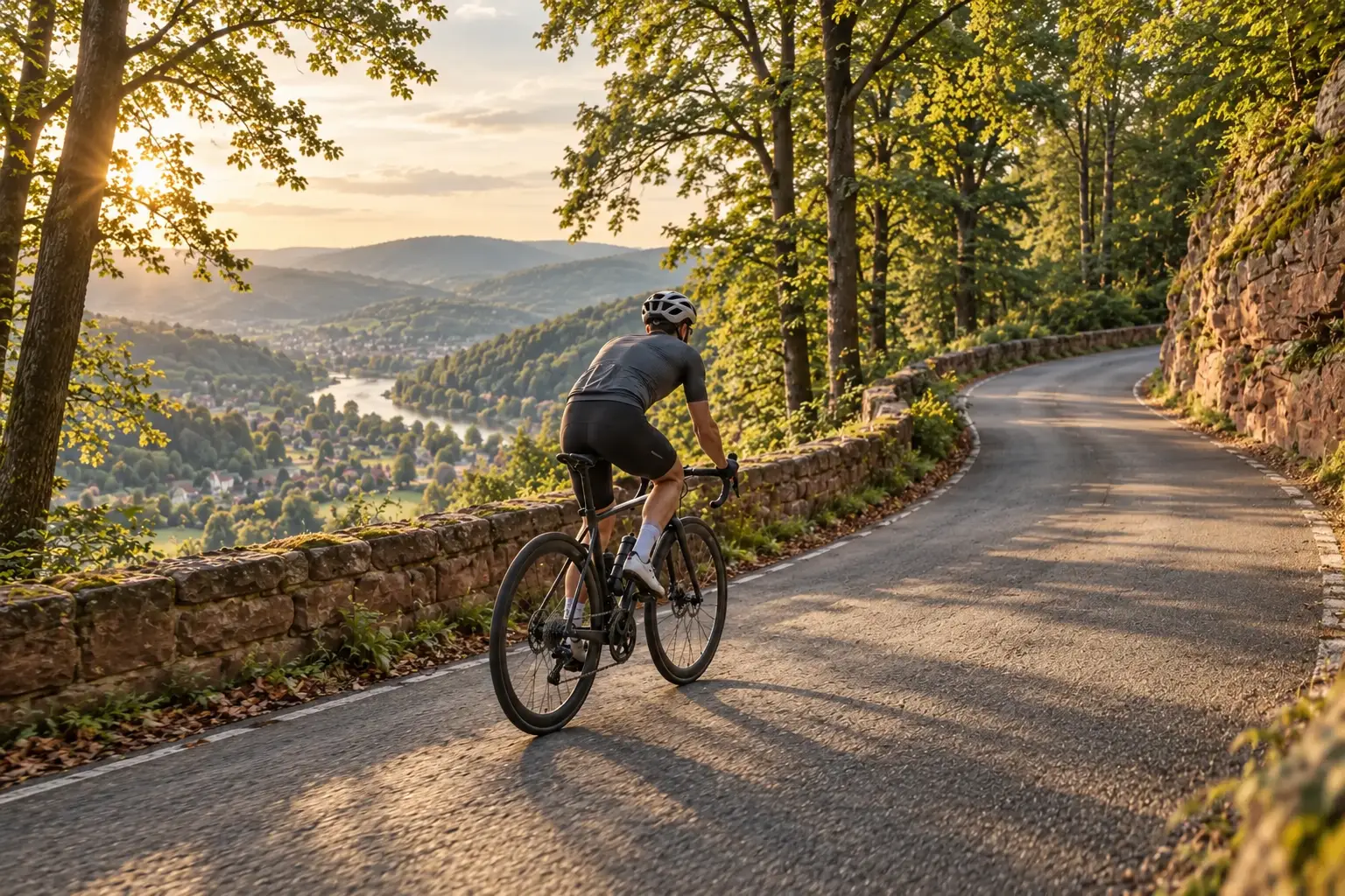 Illustration eines Rennradfahrers auf einer bewaldeten Steigung, inspiriert von der Umgebung Heidelbergs.
