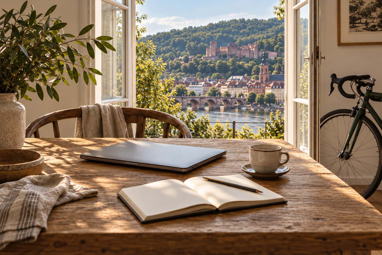 Von Heidelberg inspirierte Illustration: ein heller Tisch mit Notizbuch, Kaffee und geschlossenem Laptop, ein Rennrad am Fenster und ein Blick auf Neckar und Altstadt.