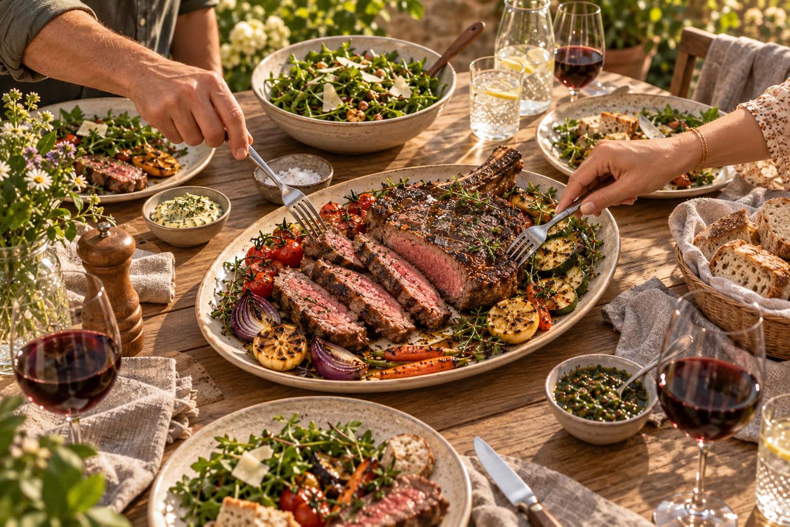 Illustration eines aufgeschnittenen Steaks auf einer Servierplatte am gedeckten Gartentisch.
