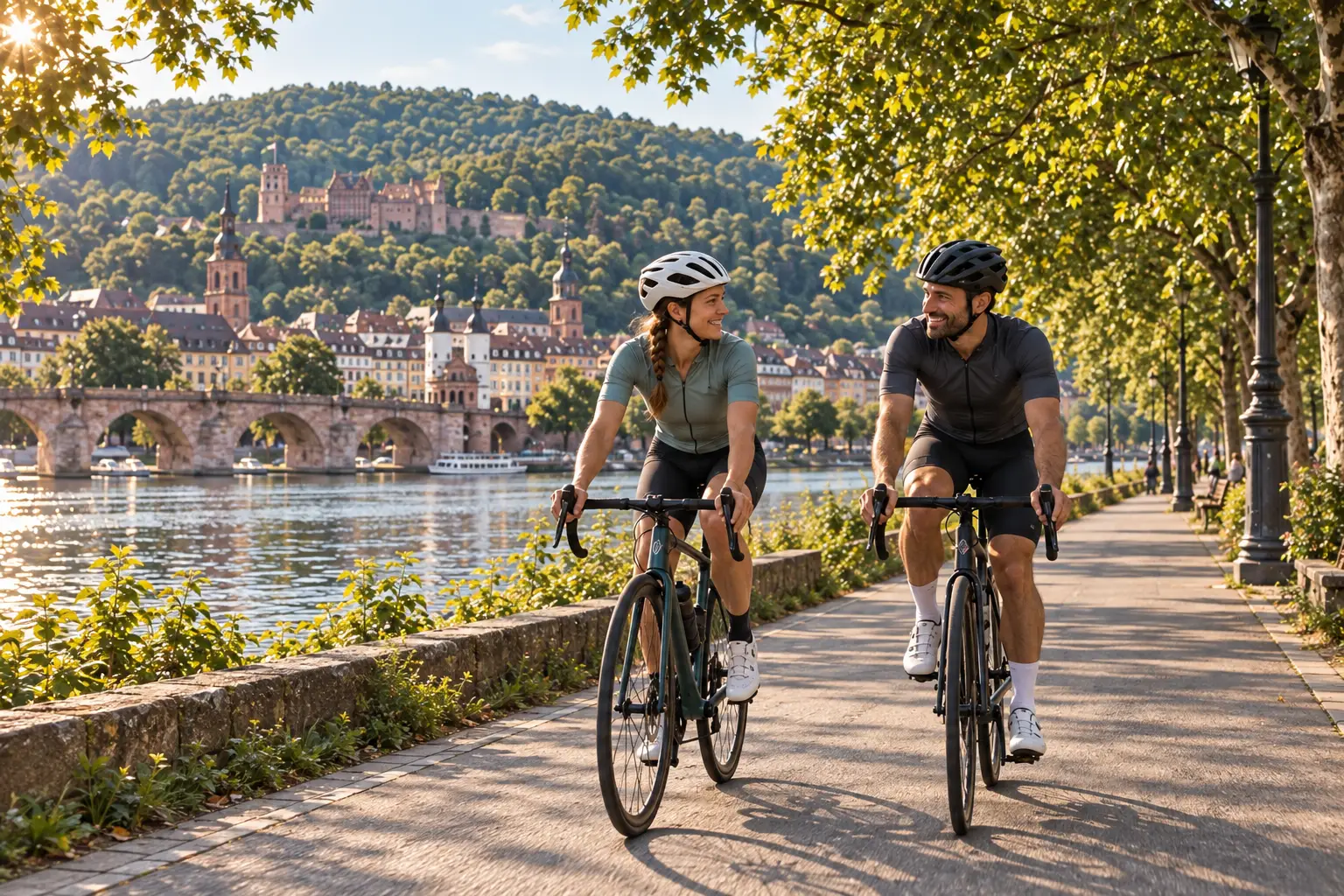 Illustration einer Rennradrunde am Neckar mit der Heidelberger Altstadt im Hintergrund.