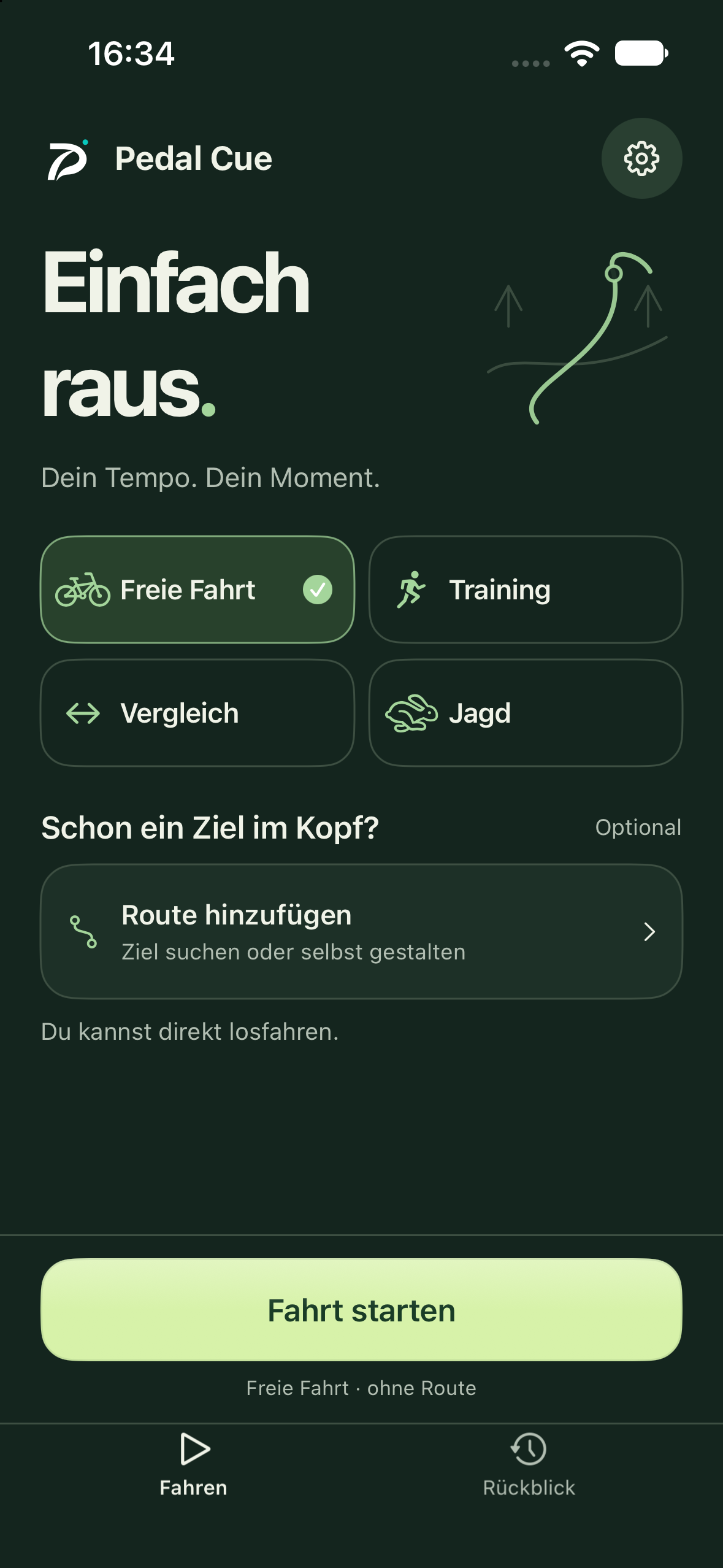 Pedal Cue zeigt den Einstieg „Einfach raus.“ mit Freie Fahrt, Training, Vergleich und Jagd sowie optionaler Route und der Schaltfläche „Fahrt starten“.