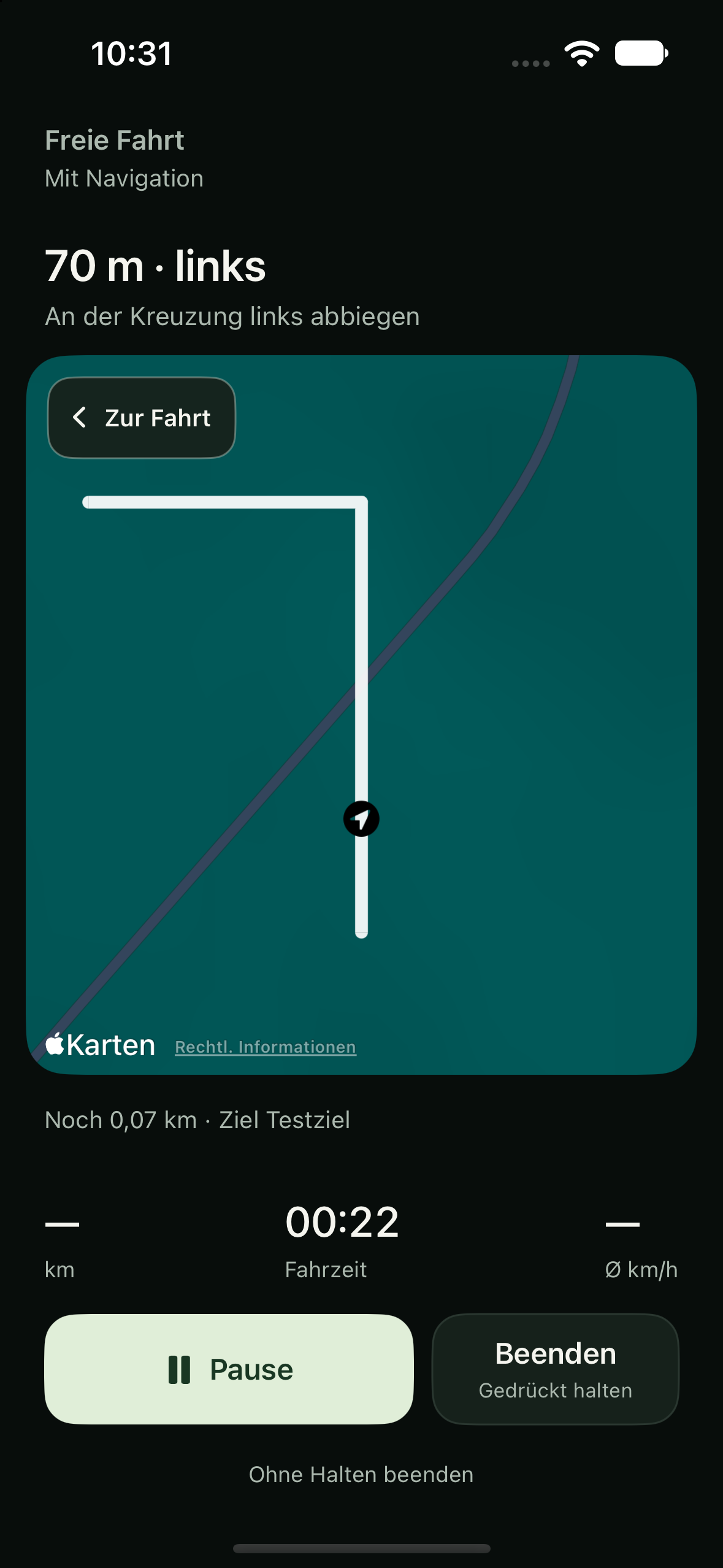 Pedal Cue zeigt die Navigation mit Karte und nächster Abbiegung.