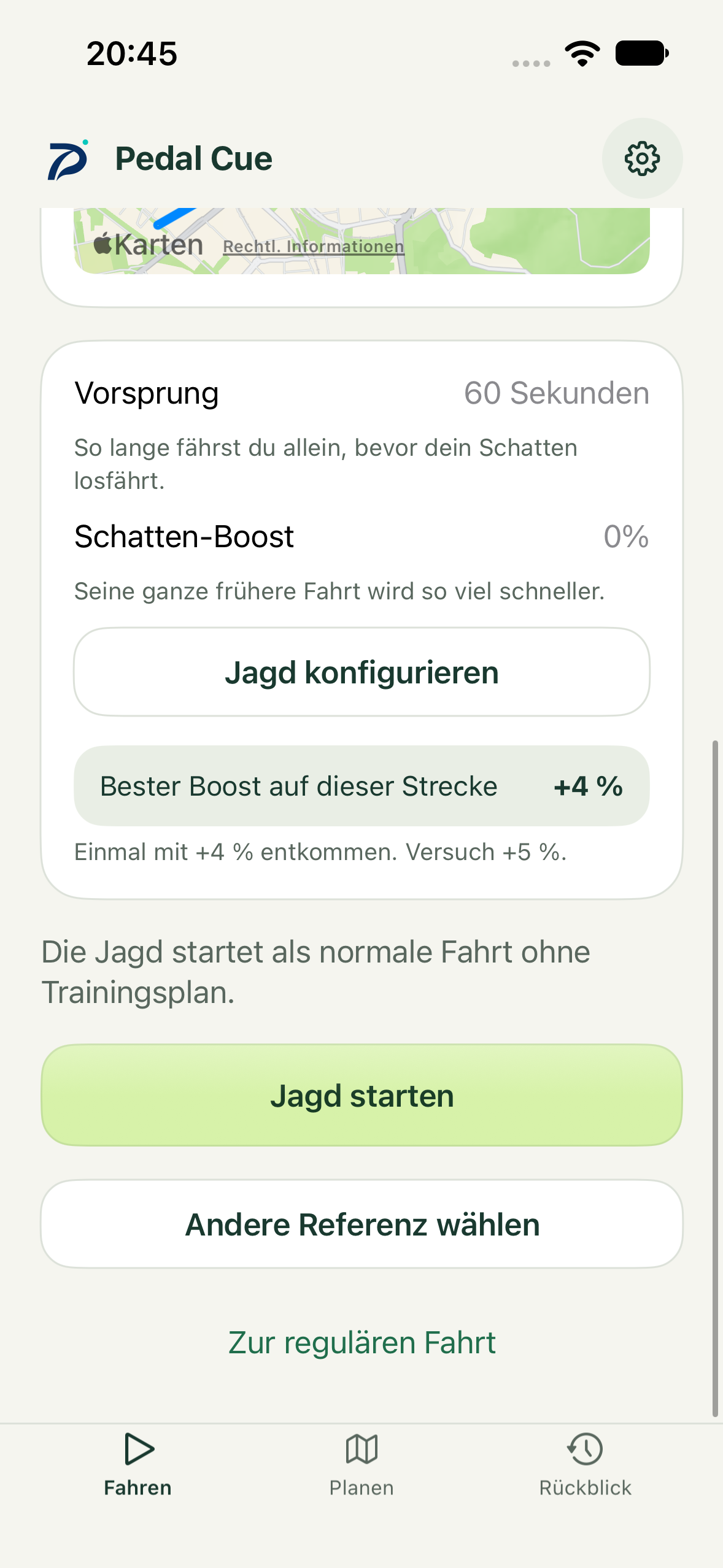 Echte Pedal-Cue-App: Jagd-Vorbereitung mit Vorsprung, Schatten-Boost und persönlicher Boost-Herausforderung.