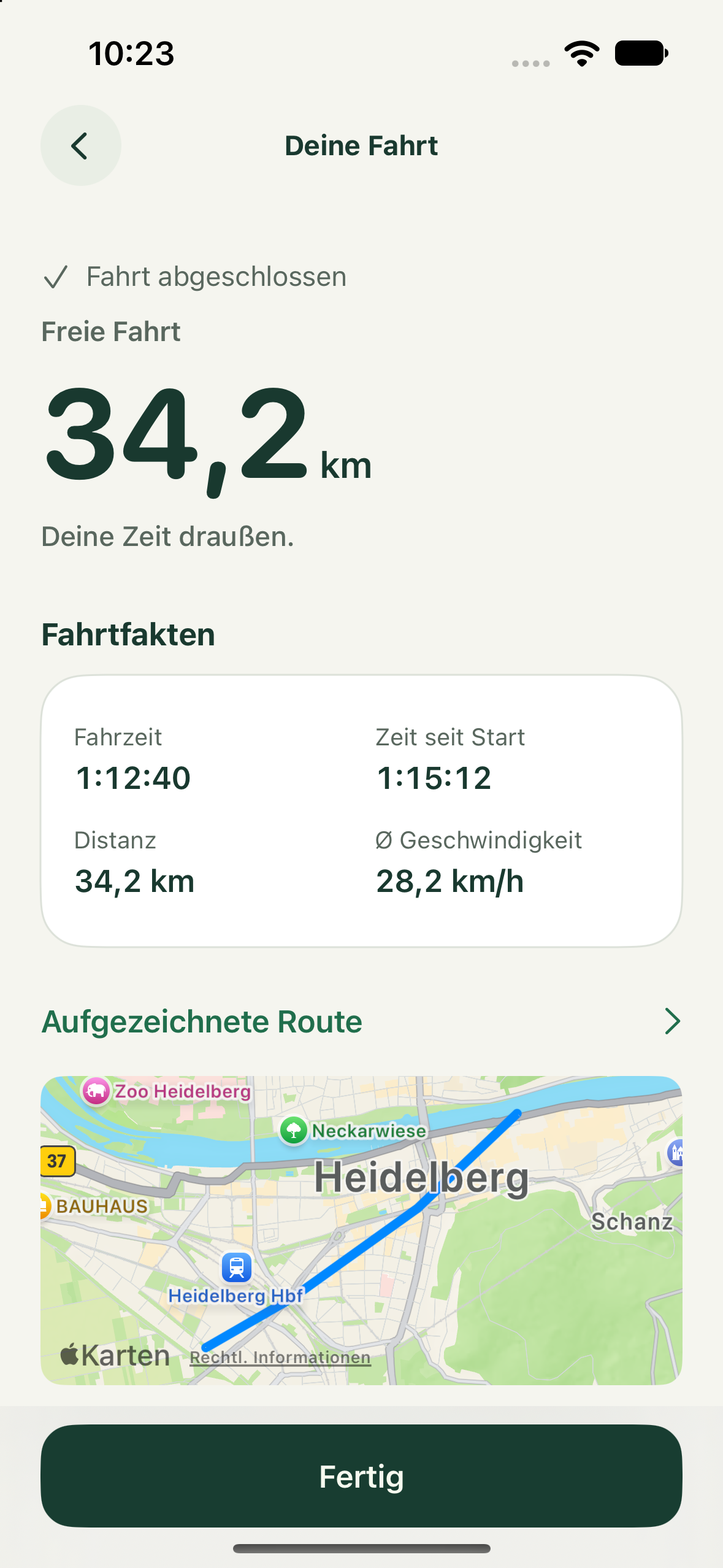 Pedal Cue zeigt die Zusammenfassung einer abgeschlossenen freien Fahrt.