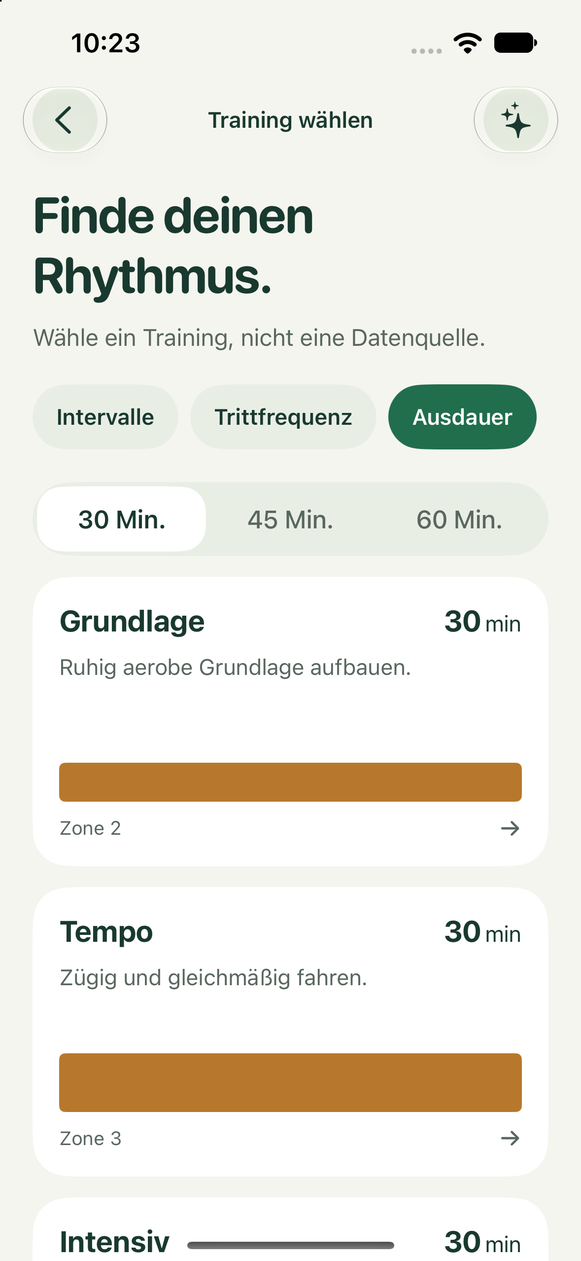 Pedal Cue zeigt die Auswahl verschiedener Trainingsarten.