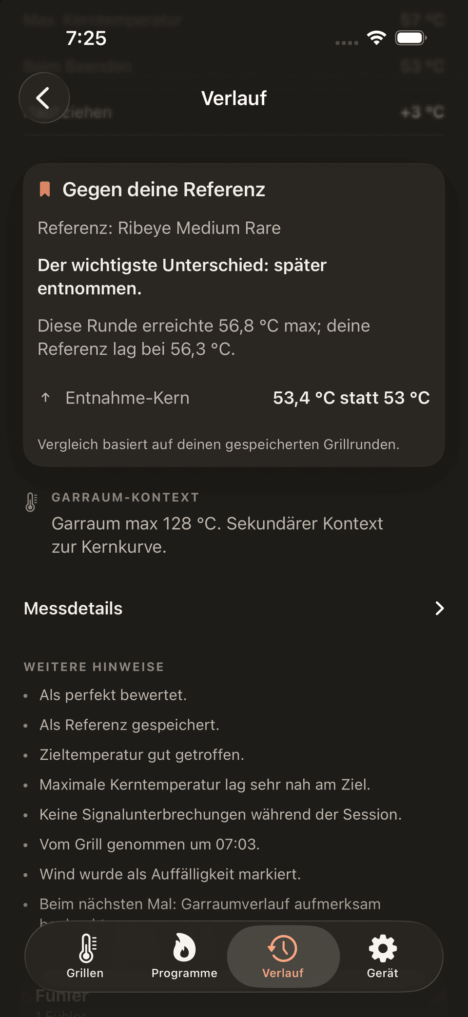 Sear Cue vergleicht eine Grill-Session mit einer eigenen Referenz-Session.