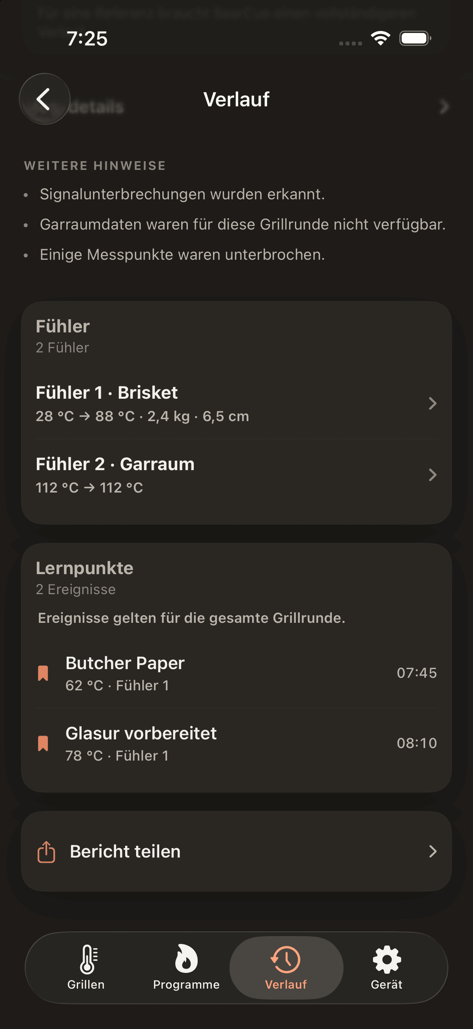 Sear Cue zeigt den Export und das Teilen einer abgeschlossenen Session.