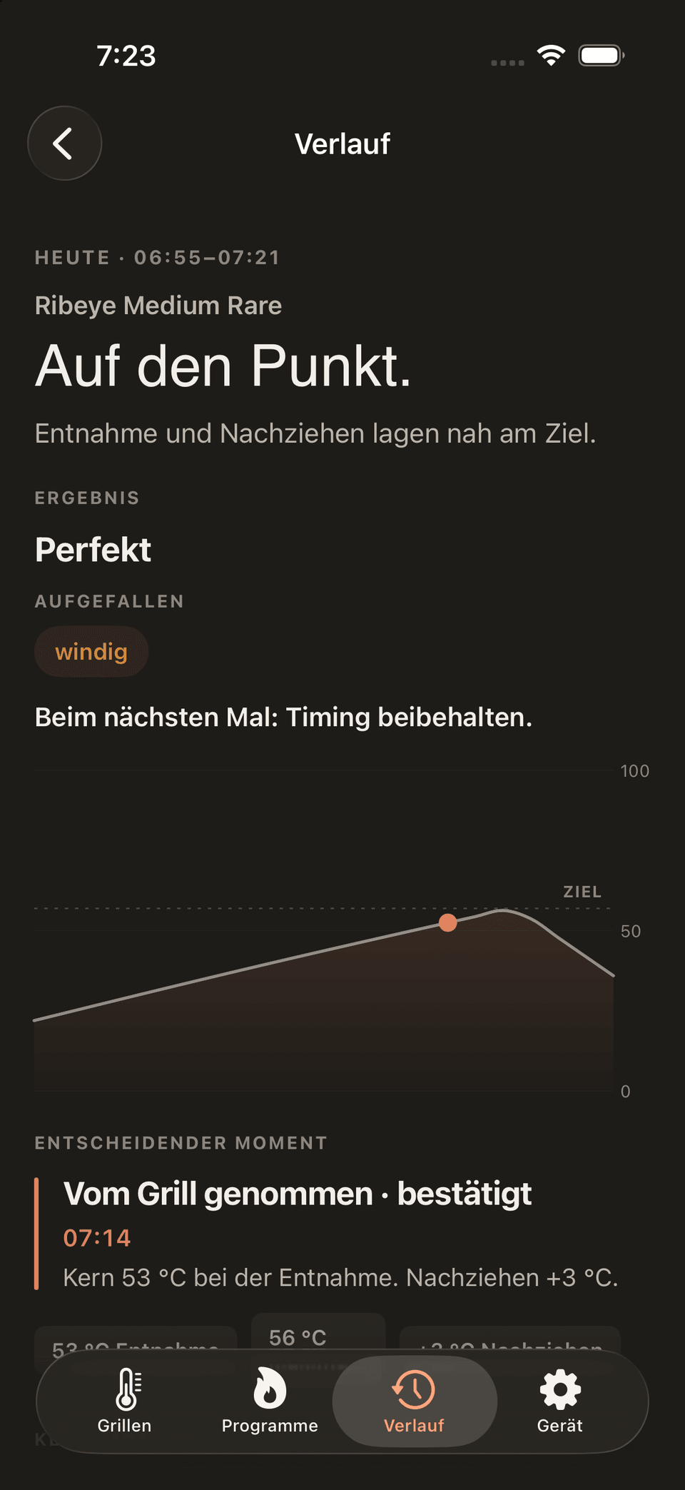 Sear Cue zeigt eine gespeicherte Grill-Session im Detail.