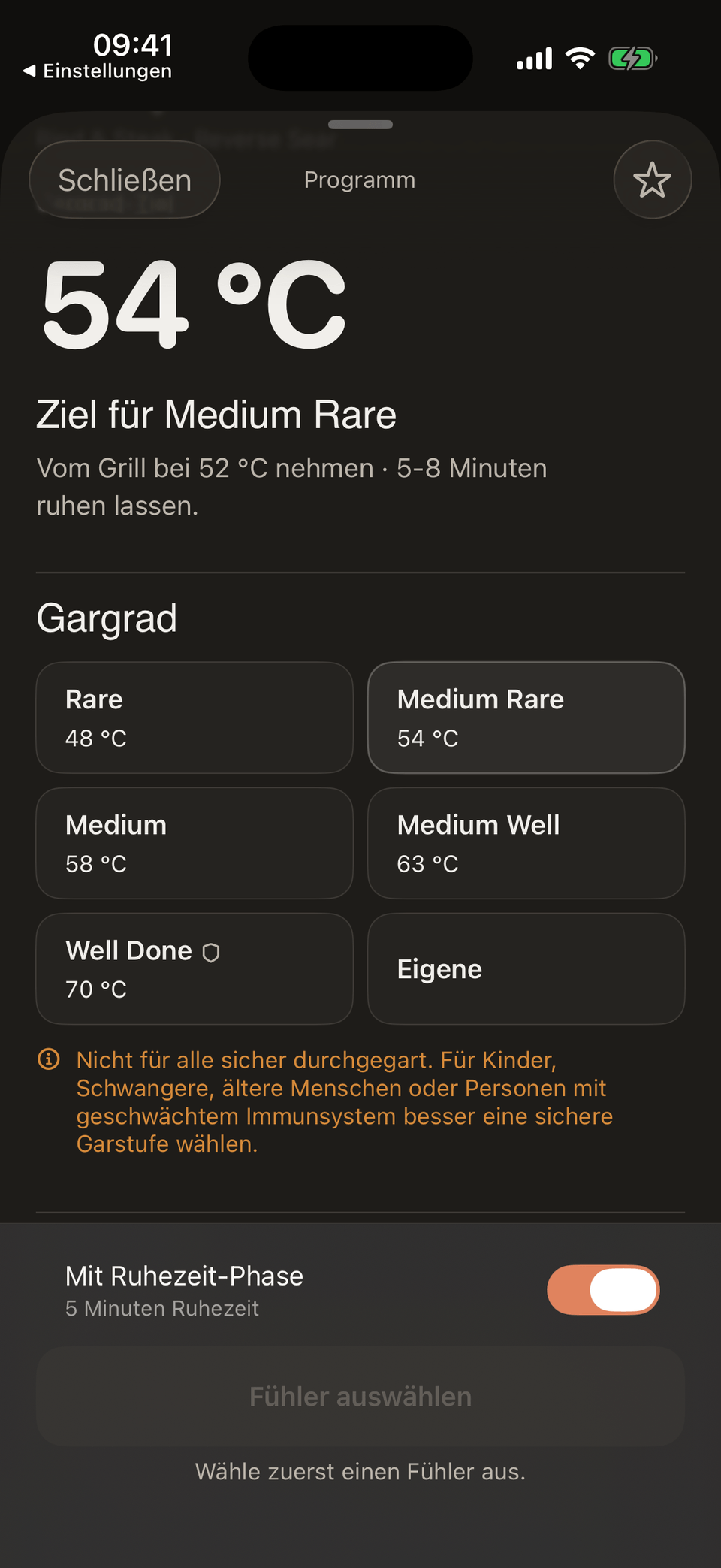 Sear Cue zeigt das gewählte Programm für ein Ribeye mit Zielbereich.