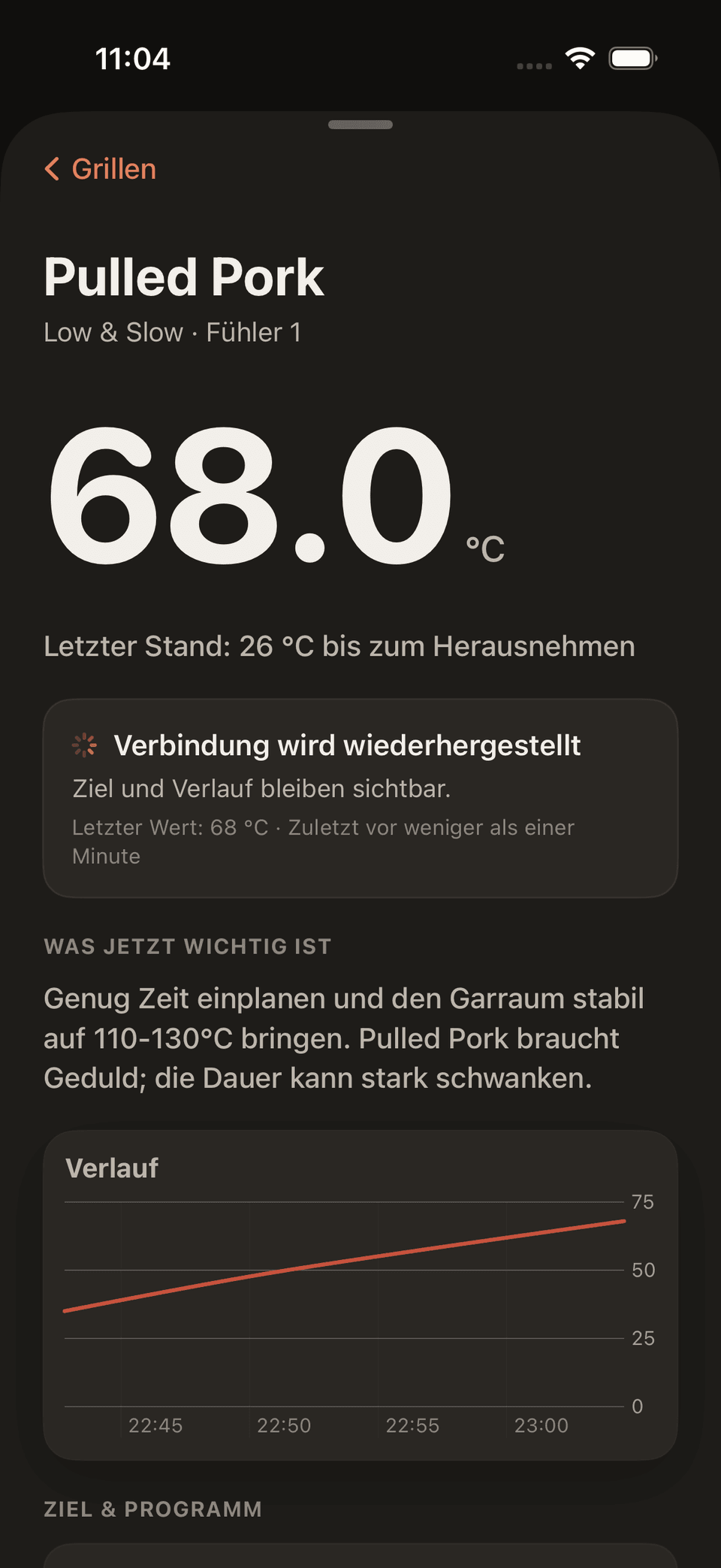 Sear Cue zeigt den letzten bekannten Wert während einer kurzen Verbindungsunterbrechung.