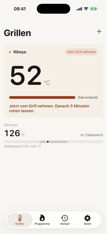 Der gleiche Grillstatus in der Sear Cue App.